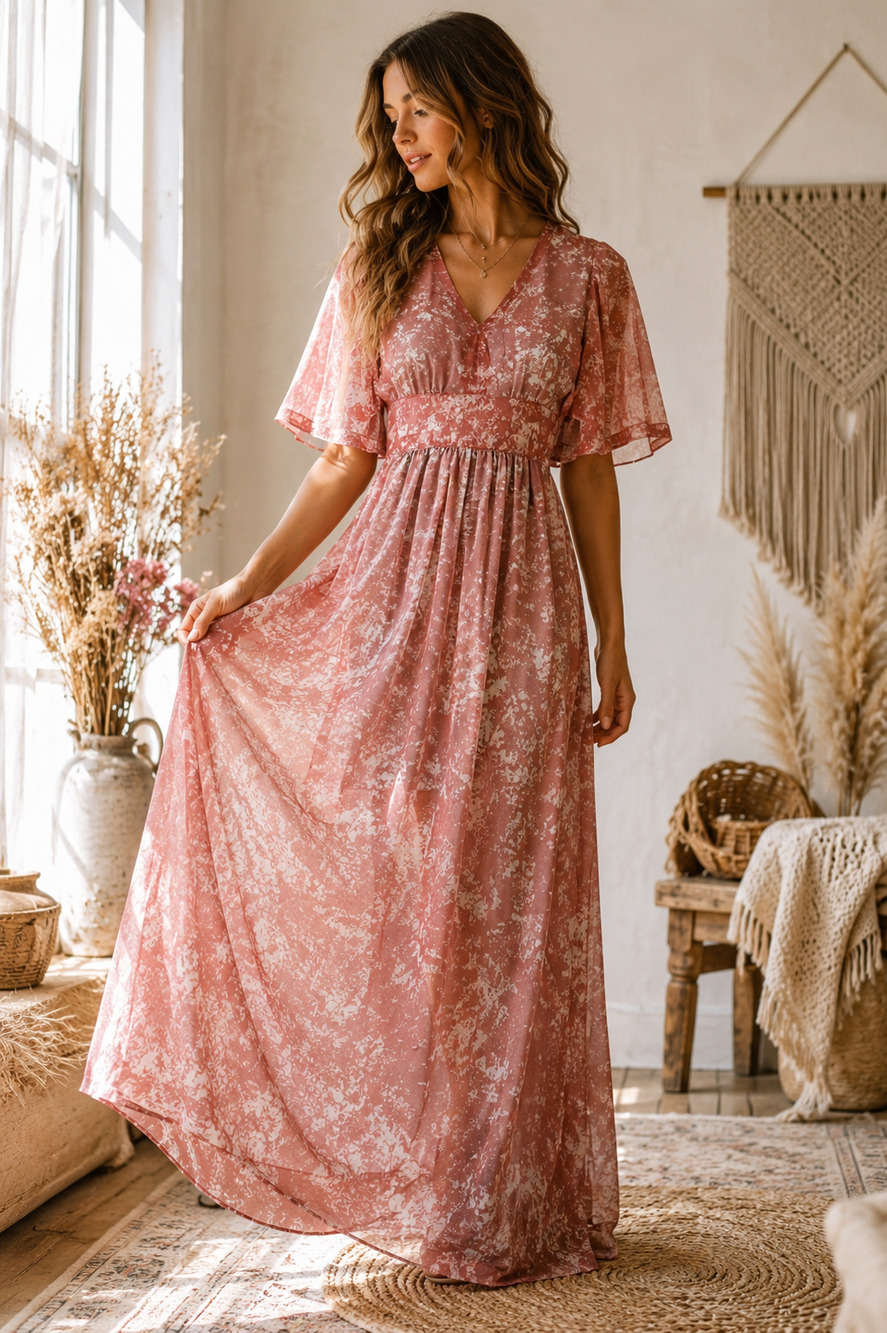 Vintage 70s Sheer Boho Prairie Maxi Dress Pink Empire Waist Flutter Sleeve M